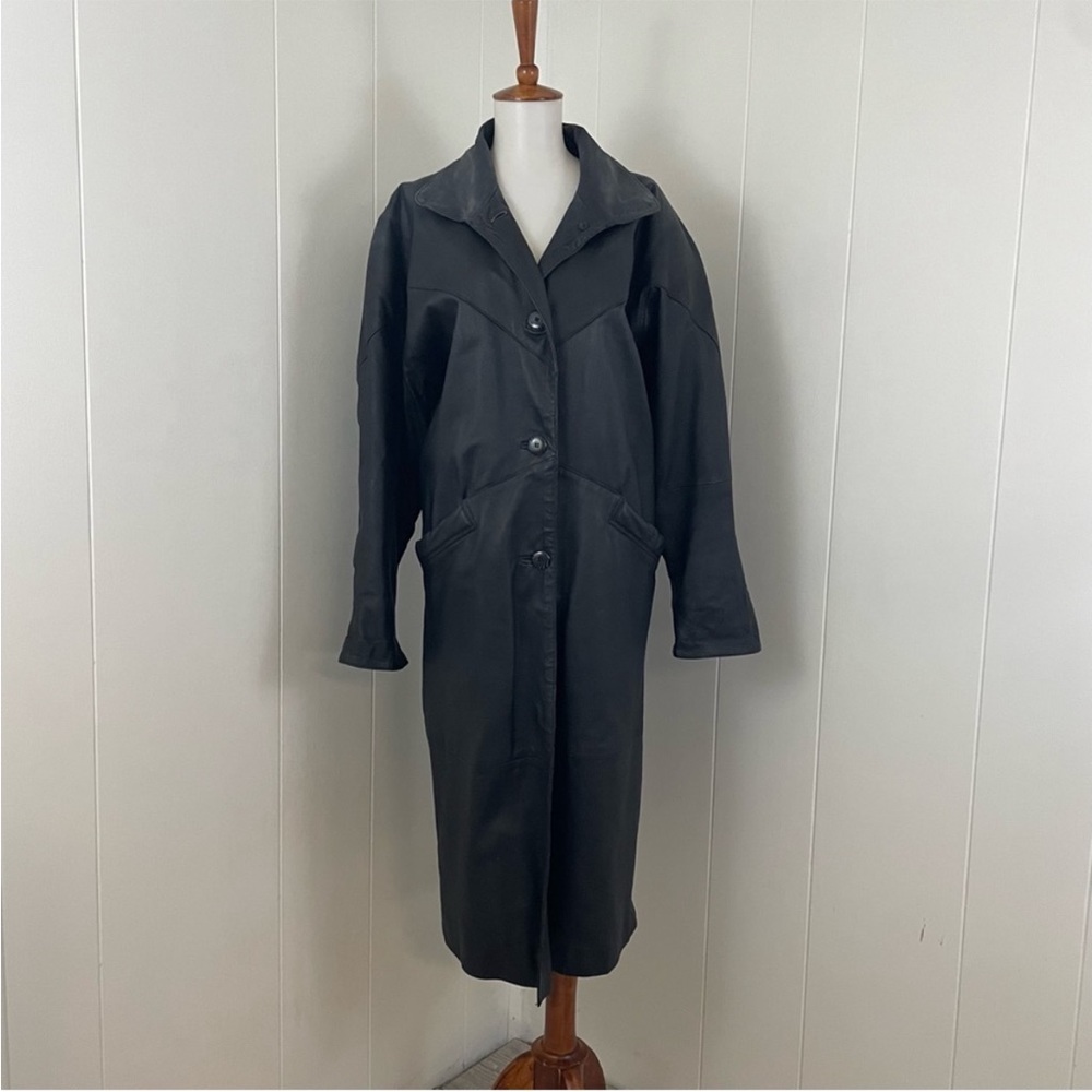 Vintage Leather Oversized Long Button Down Duster Trench‎ Jacket